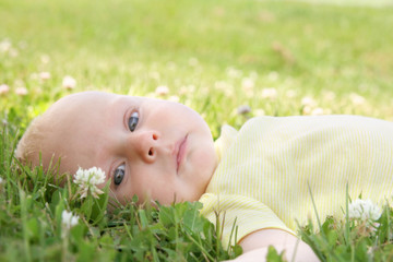 Beautiful Newborn Baby Girl Laying in the Grass Outside