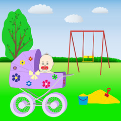 baby in the stroller on playground