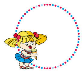 Round frame with a little girl is eating ice cream