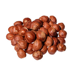 Heap of hazelnuts isolated on white background.