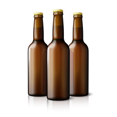 Three blank brown realistic beer bottles isolated on white