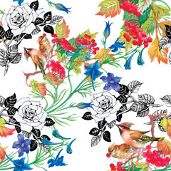 Watercolor hand drawn seamless pattern with tropical summer flowers and exotic birds