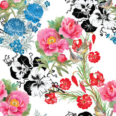 Seamless patterns with Beautiful flowers, watercolor illustration
