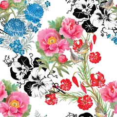Poster Seamless patterns with Beautiful flowers, watercolor illustration © kostanproff