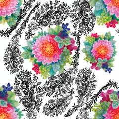 Seamless patterns with Beautiful flowers, watercolor illustration