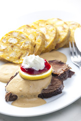 sirloin on cream with dumplings