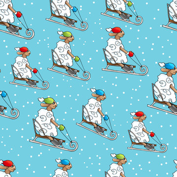 Seamless pattern with lambs. White sheep on a blue background. Snowflakes. Lambs rolls sledding. Aries in red, blue, green hats and mittens. New years background. Winter wallpaper.