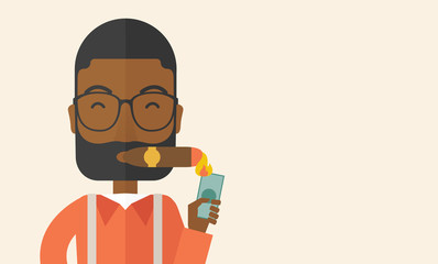 African-american Businessman lighting the cigar tobacco.