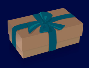 Beautiful beige gift box with purple bow on blue background