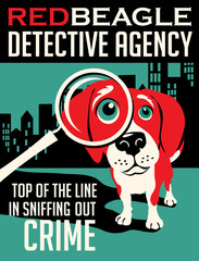 Illustrated poster of a Beagle dog and fictitious detective agency advertisement