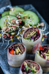 Oriental teriyaki beef bites on marble board
