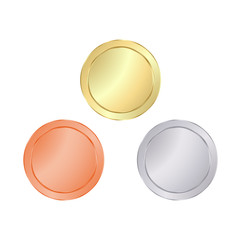 Empty Blank vector templates for coin, price tags, sewing buttons, buttons, icons or medals with gold, silver, bronze shiny metal texture