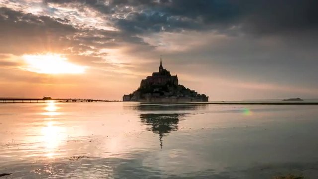 Le Mont-Saint-Michel at sunset, Normandie, Bretagne, France, Europe, timelipse