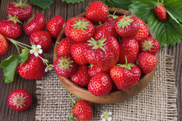 Fresh Strawberries in Wooden Bowl - View from above