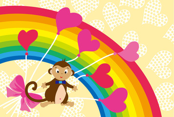 可愛い猿と虹と風船のメッセージカード