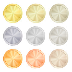 empty Blank Set  vector templates for coin, price tags, sewing buttons, buttons, icons or medals with gold different types: white, red, pink, silver, platinum shiny metal texture