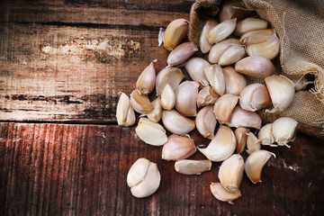 Organic garlic  group on wood , vintage style