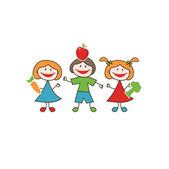 Doodle happy kids with fresh fruits and vegetables