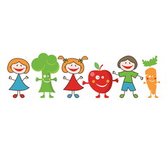 Doodle happy kids with fresh fruits and vegetables