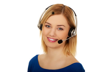 Happy smiling phone operator in headset.