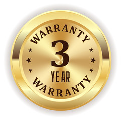 Gold three year warranty seal on white background