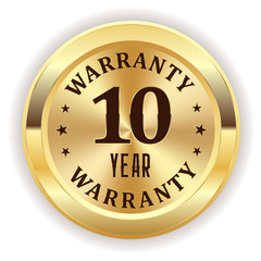 Gold ten year warranty seal on white background