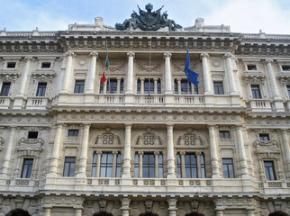 Fototapeta na wymiar The justice palace in Rome is the residence of Court of cassation of Italy and the Judicial Public library, located around Prati. Designed by the architect Guglielmo Calderini 