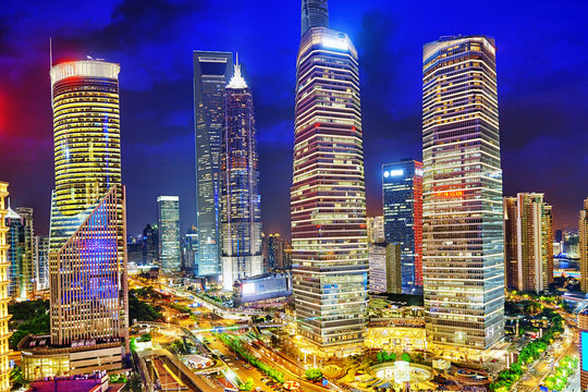 Night view skyscrapers, city building of Pudong, Shanghai, China