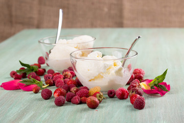 ice cream in transparent glass plates scattered around the raspb