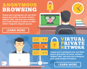 Anonymous browsing, virtual private network, vpn flat illustration concepts set
