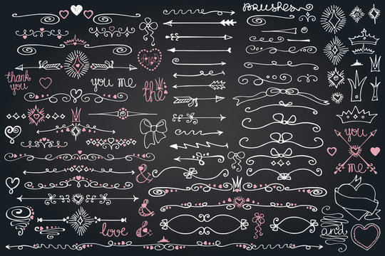 Doodle border,arrows,decor element,hearts.Love set.Chalkboard