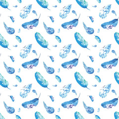 Seamless pattern of blue hand-painted watercolor feathers on a w