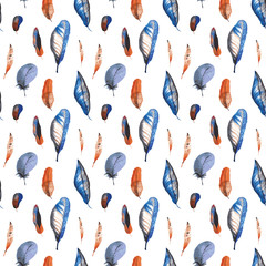 Seamless pattern of hand-painted watercolor multicolored feather