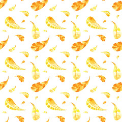 Seamless pattern of hand-painted watercolor yellow feathers on a