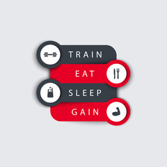 Train, Eat, Sleep, step labels with icons in red and dark grey