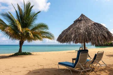 Sunbed and umbrella on a tropical beach