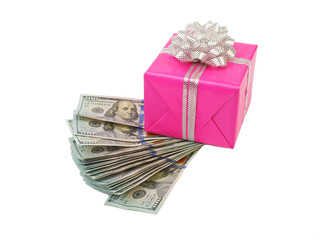 Hundred dollar bills and gift box