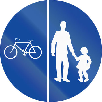 Greek traffic sign on a shared-use path with separate lanes, left lane for bicycles and right lane for pedestrians