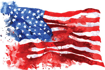 Flag of America, hand-drawn watercolor on white background
