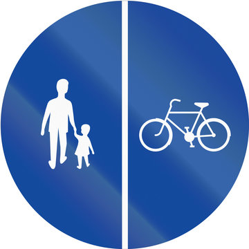 Greek traffic sign on a shared-use path with separate lanes, right lane for bicycles and left lane for pedestrians