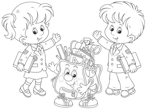 Welcome back to school! A schoolgirl, a schoolboy and a cartoon character Schoolbag waving their hands in welcoming. A vector illustration on a white background. Image by Alexey Bannykh.