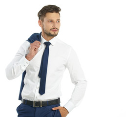 business, people and office concept - businessman in suit