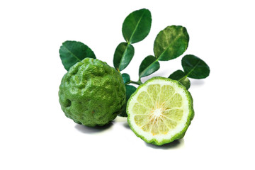 Fresh Kaffir lime and leaf isolated on white background, citrus fruit.