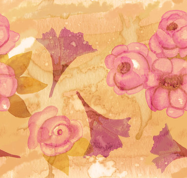 Watercolour roses on artistic stained paper seamless pattern