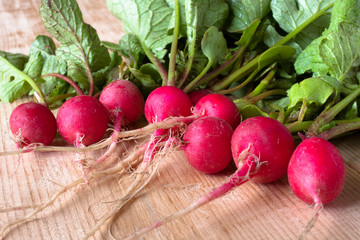 fresh radishes on a wooden table