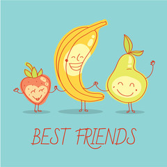 Healthy food for children. Strawberry, banana and pear. Blue background