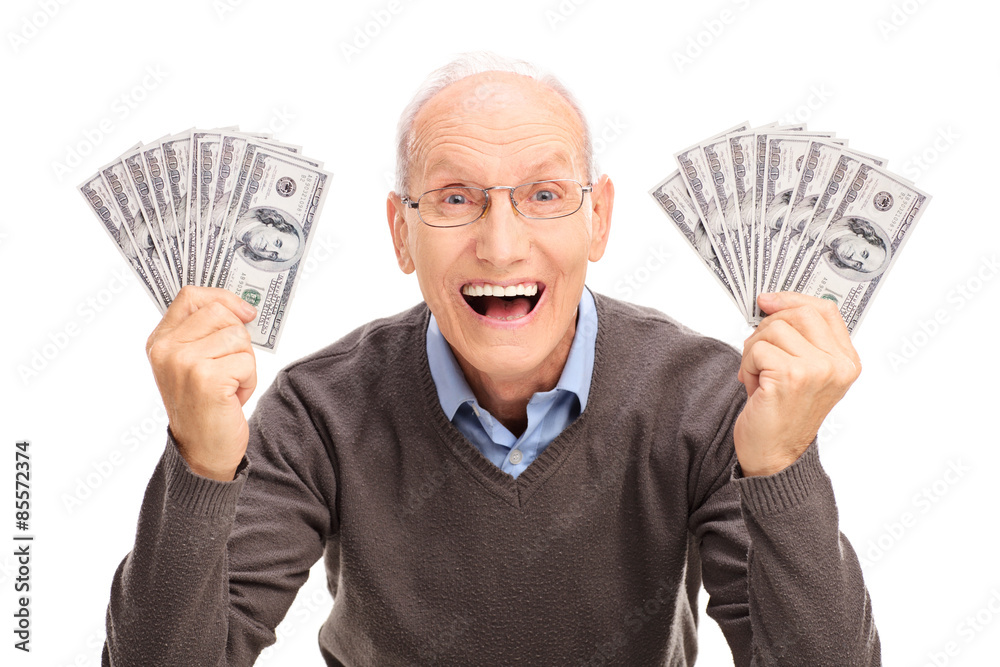 Canvas Prints joyful senior holding money in both hands