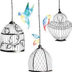 set hand-painted birdcages , birds , leaves, watercolor rainbow