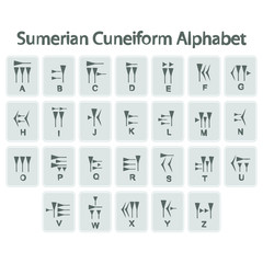 set of monochrome icons with sumerian cuneiform alphabet for your design - obrazy, fototapety, plakaty