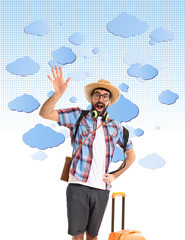 Tourist saluting over white background